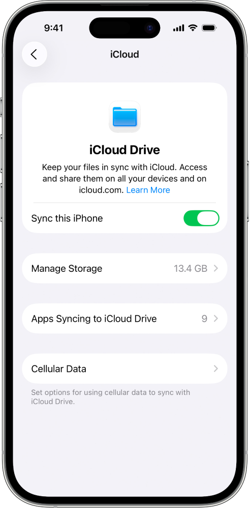 Az iCloud Drive képernyő az iCloud-beállításokban. Az iPhone szinkronizálása be van kapcsolva.