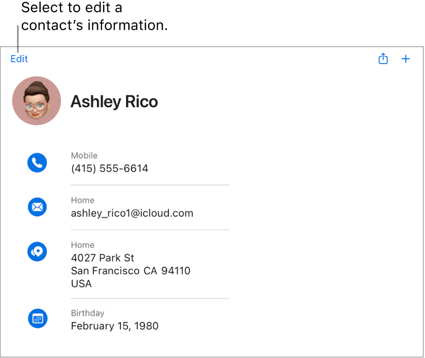 Een contactkaart op iCloud.com met informatie over een persoon, waaronder een telefoonnummer, een e-mailadres, een thuisadres en een geboortedatum. Ook bevat het een knop om deze velden te bewerken.