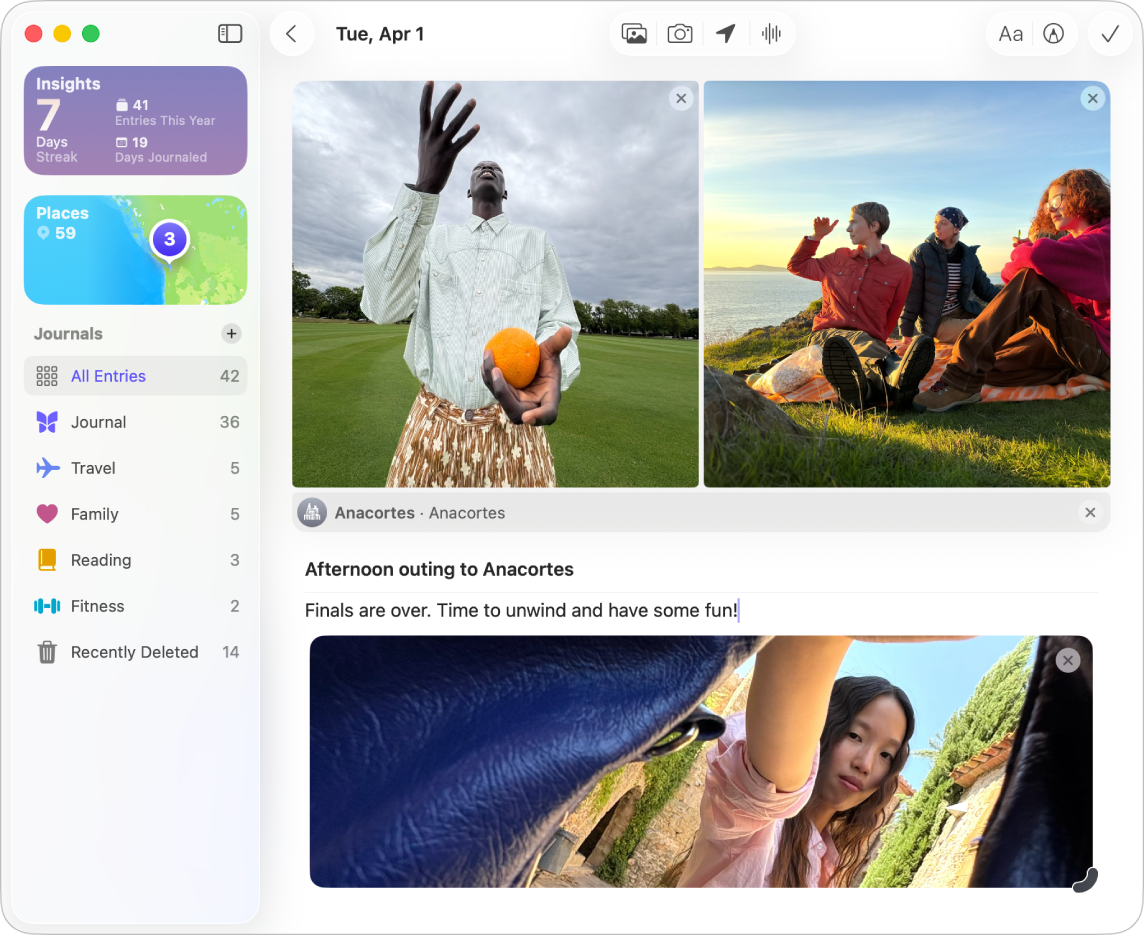 「日誌」App 中的畫面顯示照片和進行中的條目。