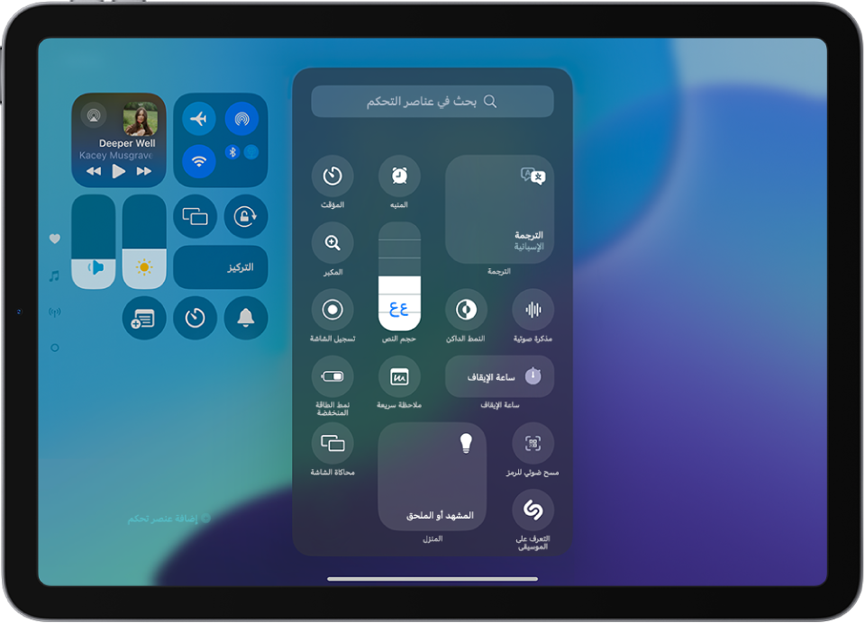 شاشة تعرض عناصر التحكم التي يمكنك إضافتها إلى مركز التحكم، مثل حجم النص والنمط الداكن والملاحظة السريعة.