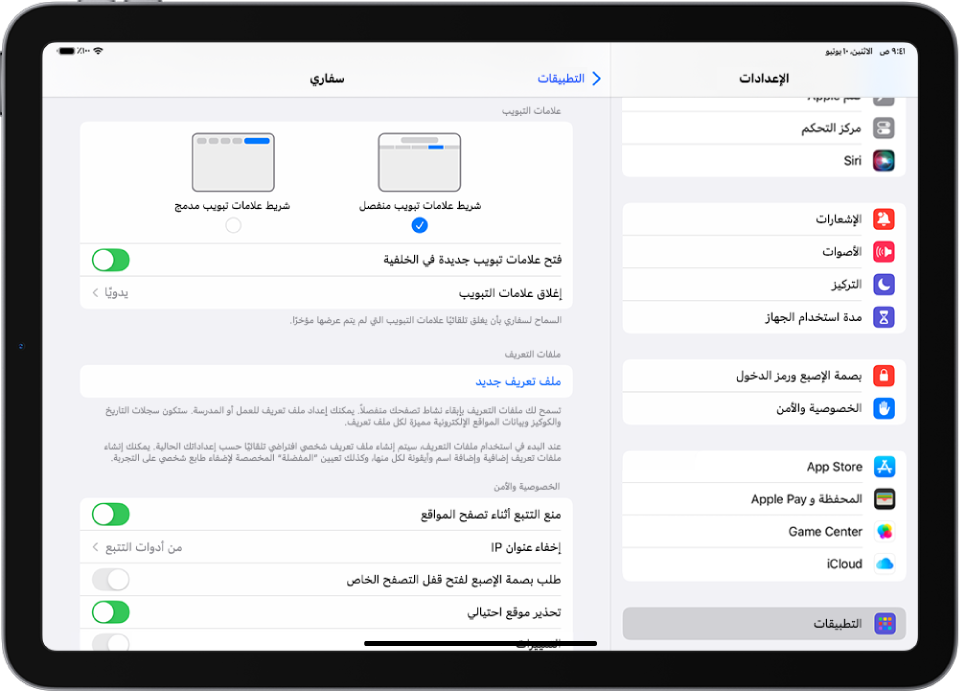 نافذة تطبيق الإعدادات، مع التطبيقات المحددة في الشريط الجانبي (على اليمين) و(على اليسار) جزء سفاري الذي يعرض خيارات لاستخدام علامات التبويب في الأعلى.