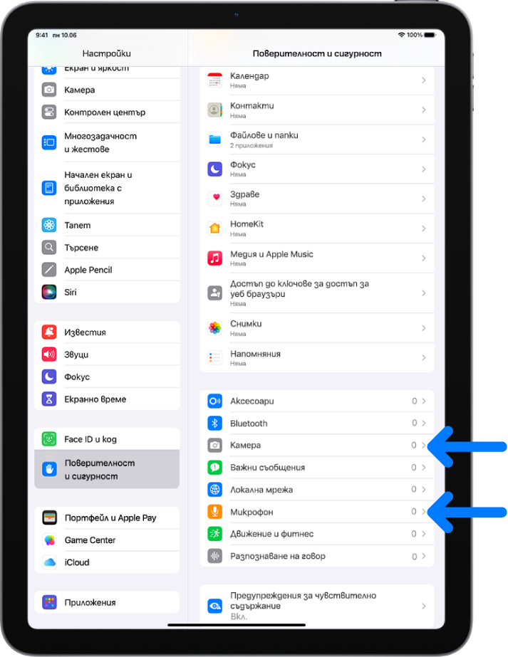 Екранът Поверителност и сигурност с настройки за управление дали приложенията могат да използват камерата, микрофона и други части на вашия iPad.