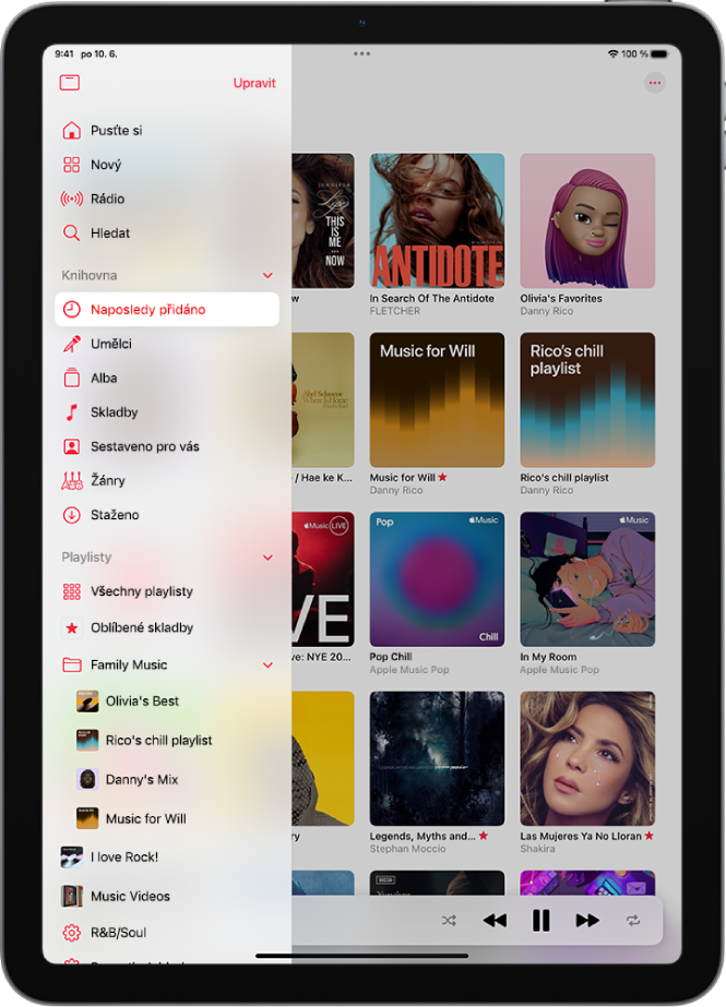 Obrazovka knihovny s bočním panelem po levé straně, na kterém jsou zvýrazněná slova Naposledy přidáno. Vpravo se zobrazují naposledy přidané playlisty a alba. Dole je vidět minipřehrávač.