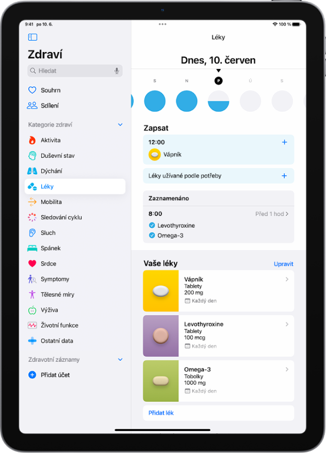 Obrazovka Léky v aplikaci Zdraví s datem a záznamy o užívání léků