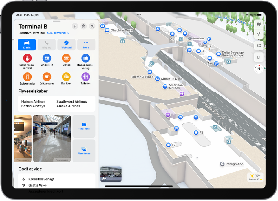 Et indendørskort over en lufthavnsterminal. Kortet viser en gate, et toilet, sikkerhedstjek og førstehjælp. Du kan skifte etage på kort i flere etager med knappen mærket L2 (for niveau 2).