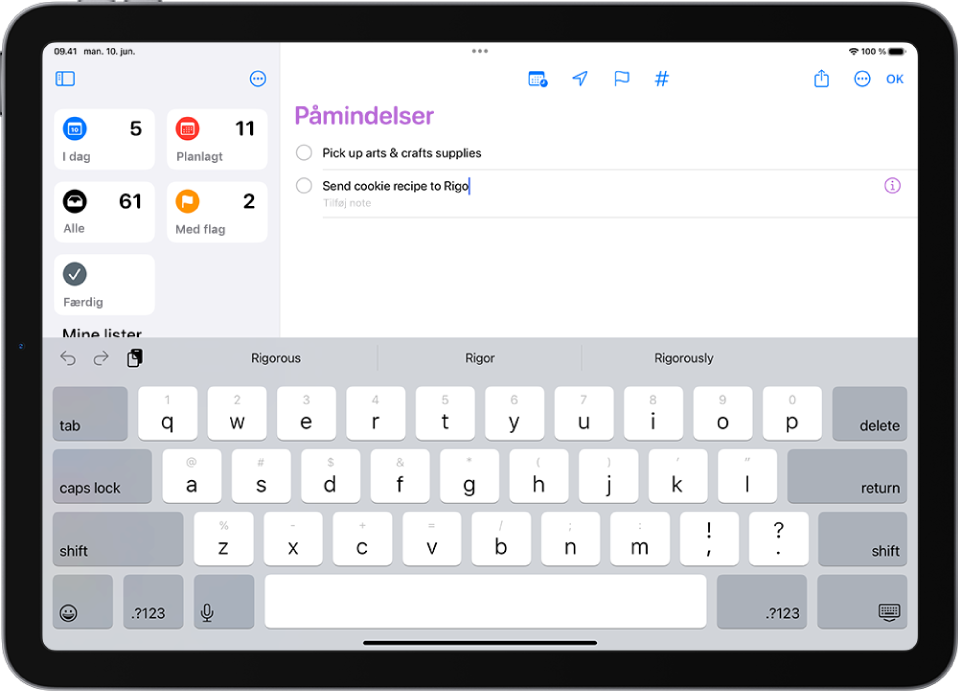 Der tilføjes en ny opgave i listen med påmindelser.