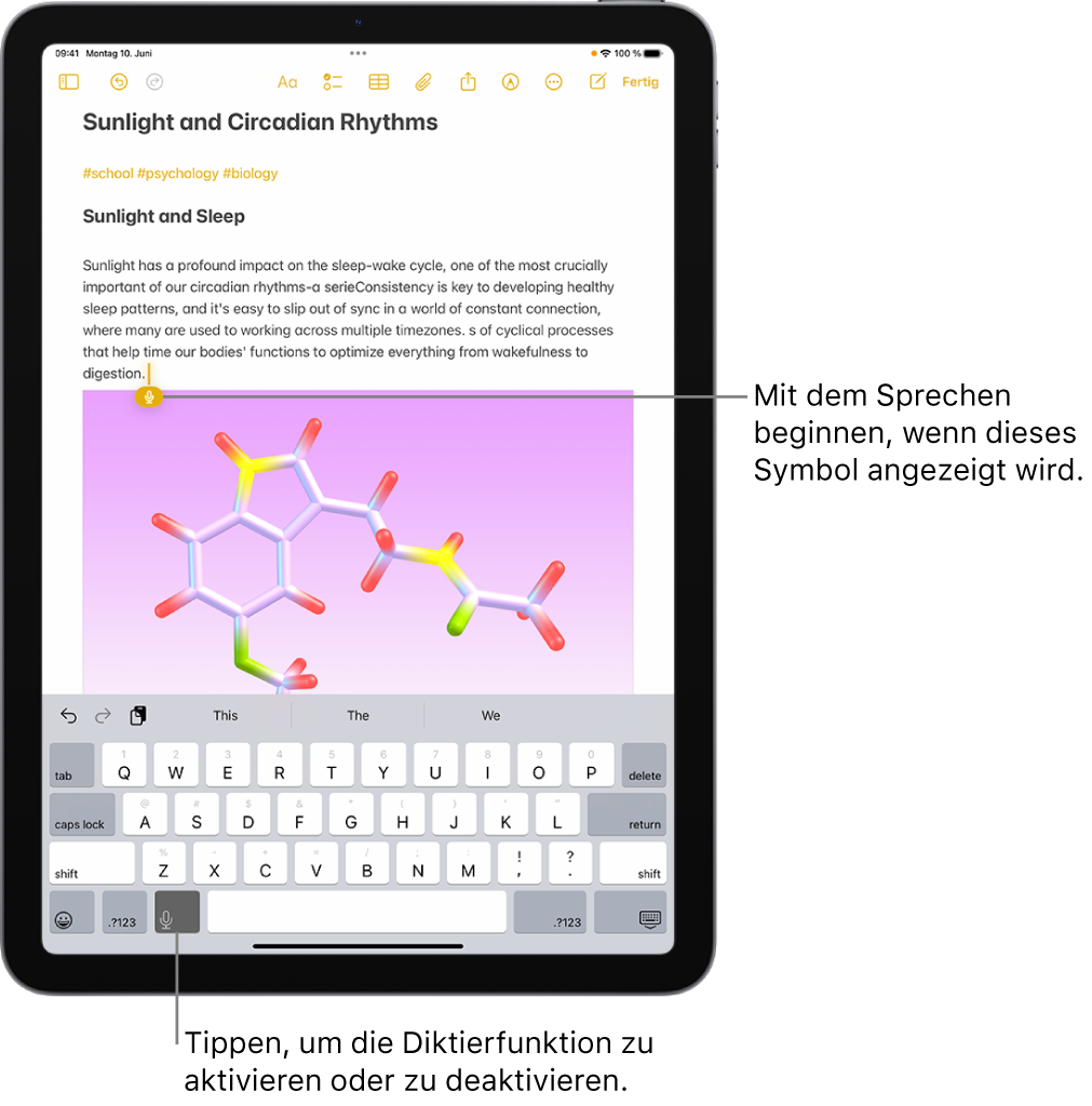 Die Bildschirmtastatur ist in der App „Notizen“ geöffnet. Die Taste „Diktieren“ unten auf der Tastatur ist ausgewählt und erscheint unter der Einfügemarke im Textfeld.