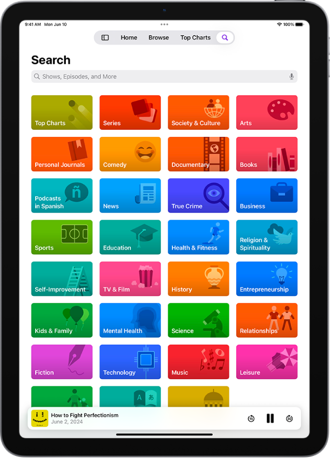 The Search screen in the Podcasts app, showing podcast categories. At the bottom of the screen is episode artwork, the episode title, and the Rewind, Pause, and Skip Forward buttons.