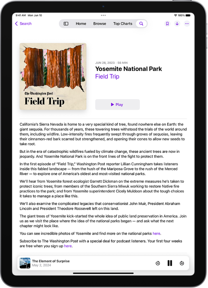 An episode page in the Podcasts app showing the Play button and the playback controls.