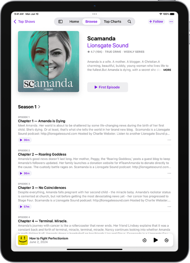 A show page in the Podcasts app showing a season of episodes with summaries of each chapter and the player at the bottom.