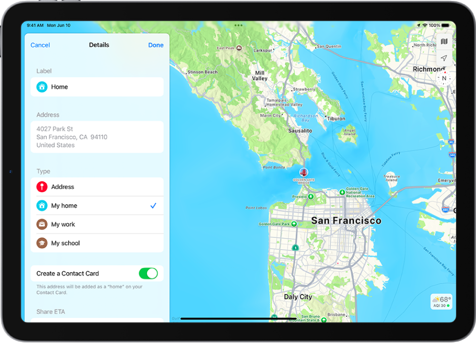 The Maps app showing the Details screen with options to set an address as home, work, or school.