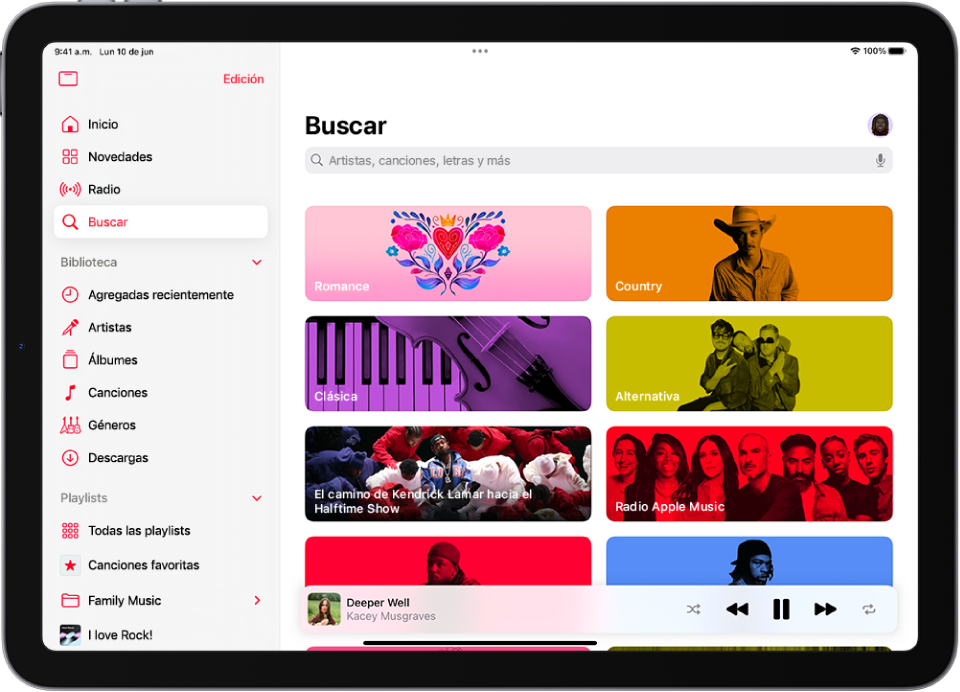 La pantalla Buscar con la barra lateral a la izquierda y un campo de búsqueda en la esquina superior derecha. Debajo del campo de búsqueda aparecen varias categorías de música. El mini reproductor se muestra abajo.