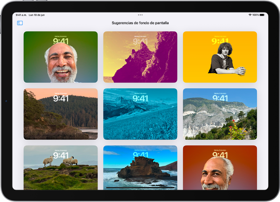 Las sugerencias de fondos de pantalla están abiertas en la app Fotos. Aparecen combinaciones de fotos generadas automáticamente, efectos de filtro y tipos de letra para la carátula del reloj como sugerencias.