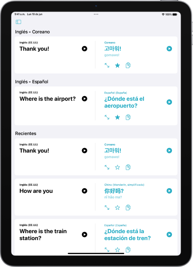 La pestaña Favoritos mostrando las frases guardadas traducidas del inglés al coreano y del inglés al español. Debajo de Recientes hay frases traducidas recientemente.
