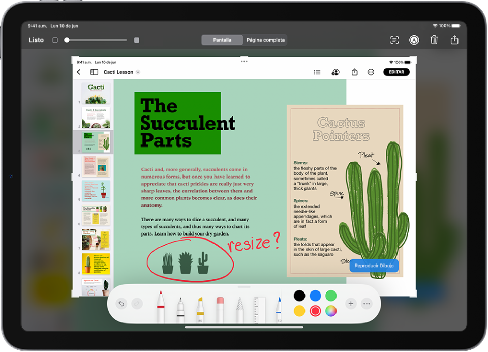 Captura de pantalla de un documento de Pages con comentarios anotados que se escribieron con la herramienta del marcador rojo.