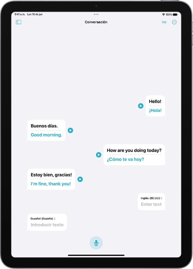 La pestaña Conversación mostrando globos de mensajes y sus traducciones.