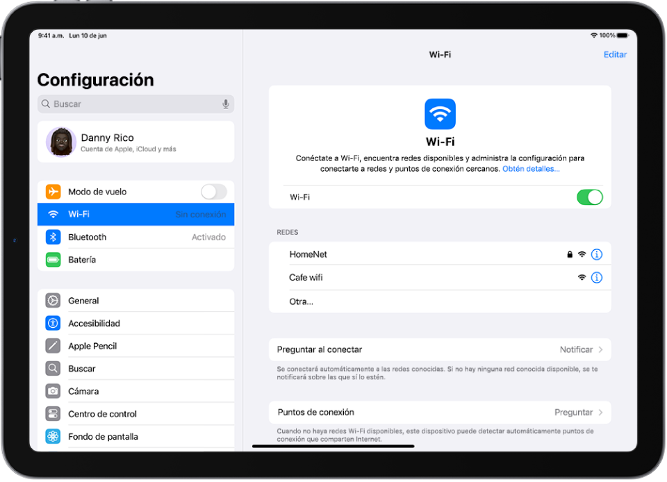 La pantalla Configuración muestra las redes Wi-Fi disponibles.
