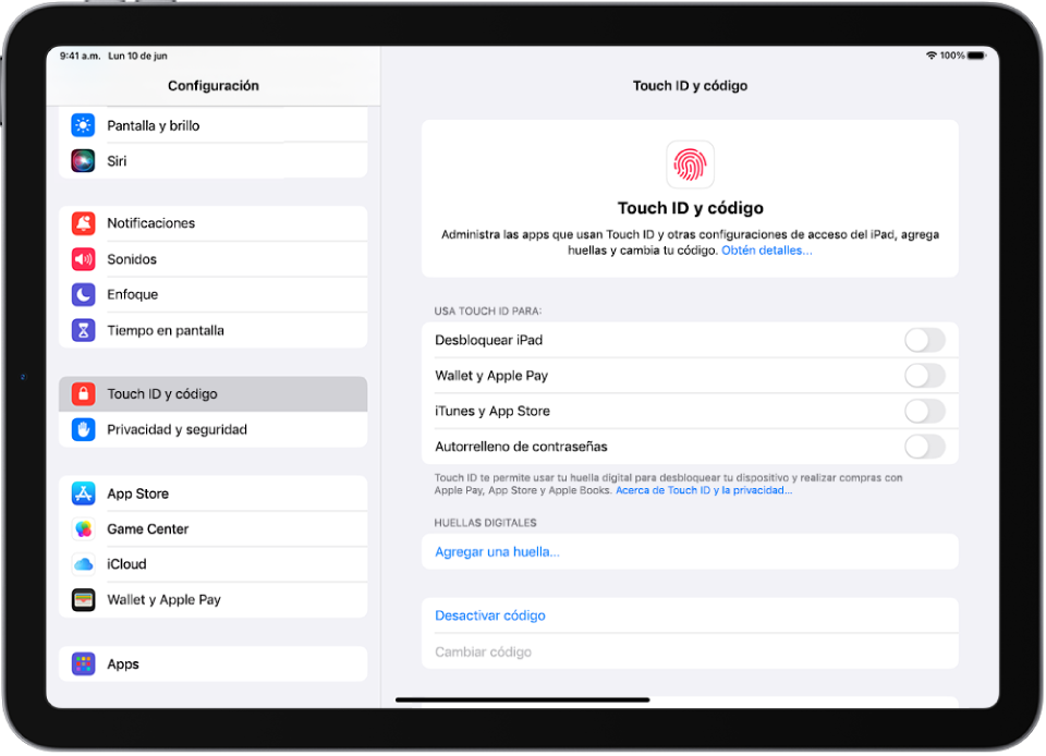 Una pantalla muestra el panel de configuración Touch ID y código con opciones para agregar una huella y activar el código.