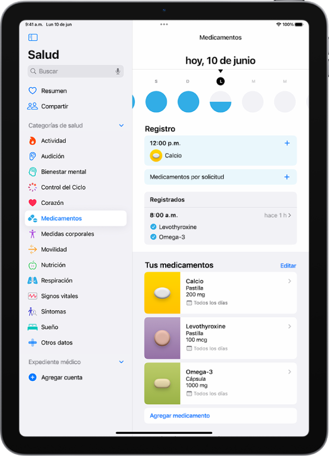 La pantalla de Medicamentos en la app Salud mostrando una fecha y un registro de medicamentos.