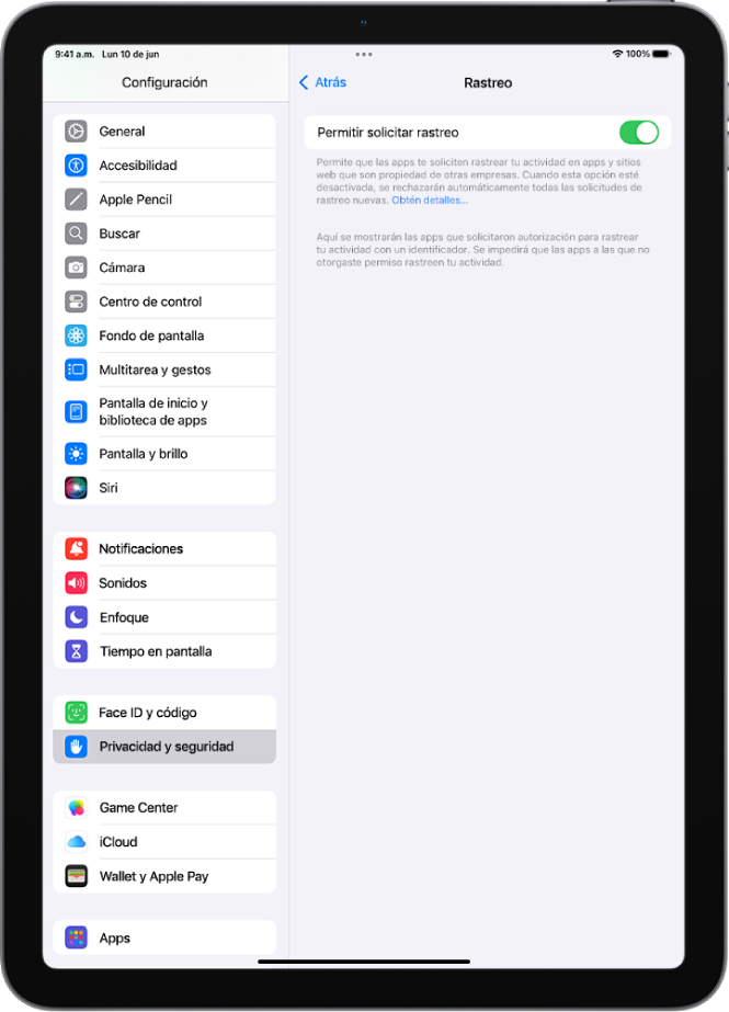 La pantalla Rastreo con una configuración para controlar si las apps pueden solicitar rastrearte entre sitios web y apps que son propiedad de otras empresas.