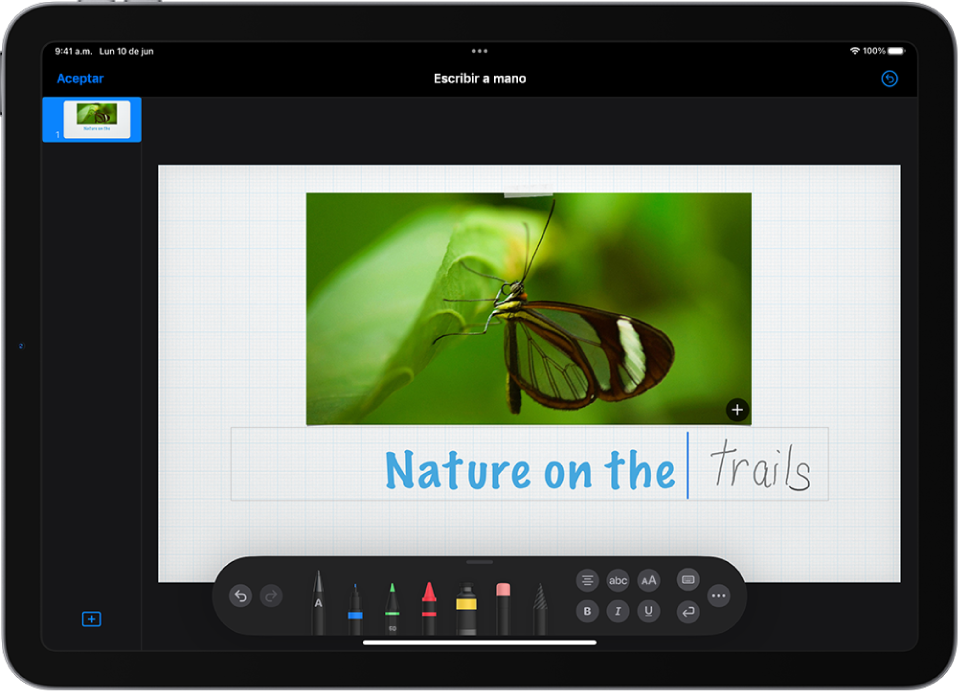 Se está agregando un título a una diapositiva de Keynote. A medida que se escribe a mano con el Apple Pencil, las palabras se convierten en texto escrito.