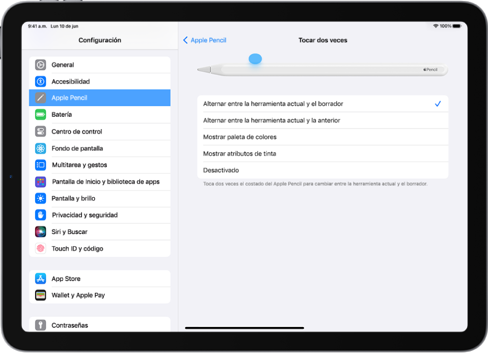 Pantalla para seleccionar la acción de la configuración de doble toque.