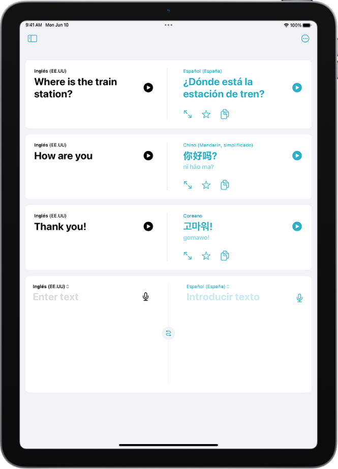La pestaña Traducción con frases traducidas del inglés al español, del inglés al chino mandarín y del inglés al coreano.
