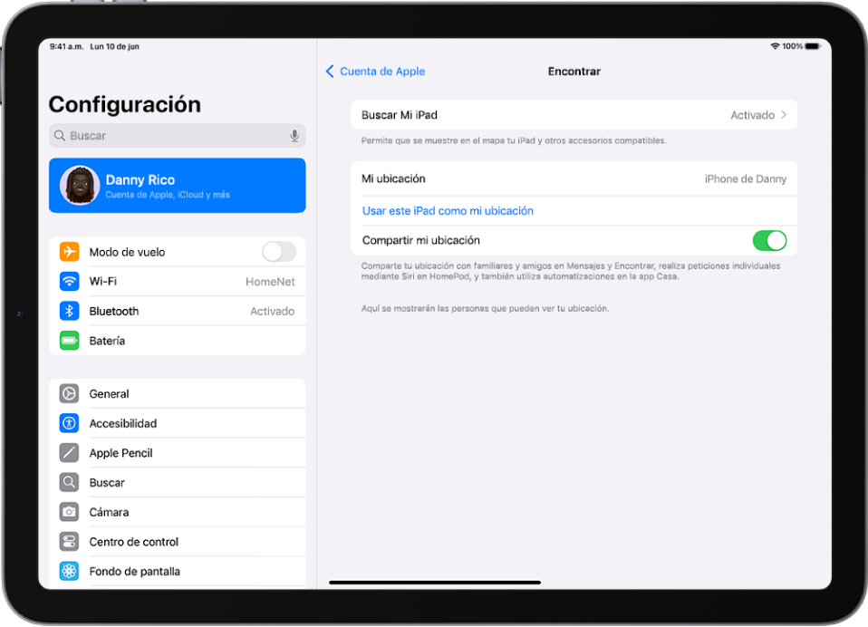 Una pantalla muestra la configuración de la app Encontrar con opciones para activar Buscar mi iPad y Compartir mi ubicación.