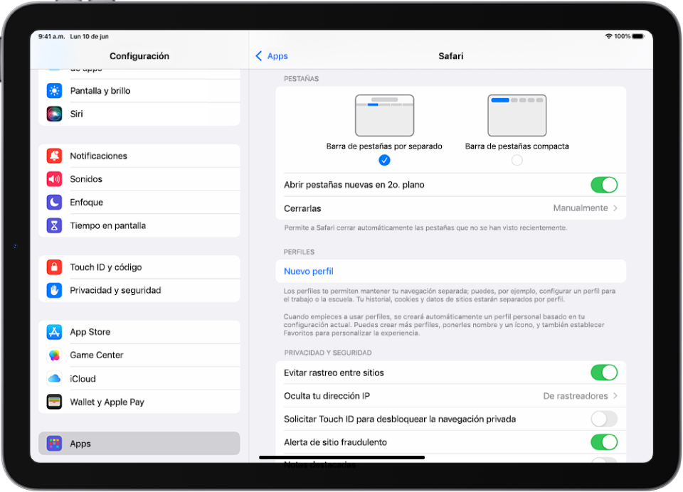 La ventana de la app Configuración con la opción Apps seleccionada a la izquierda en la barra lateral y un panel de Safari a la derecha con opciones para usar las pestañas en la parte superior.