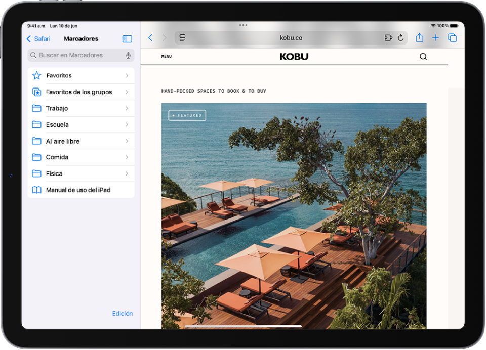 La barra lateral de Safari en el lado izquierdo de la ventana de Safari está abierta en Marcadores. En la parte superior está la carpeta Favoritos. Debajo aparecen otros marcadores. En la esquina inferior derecha de la barra lateral se encuentra el botón Editar.