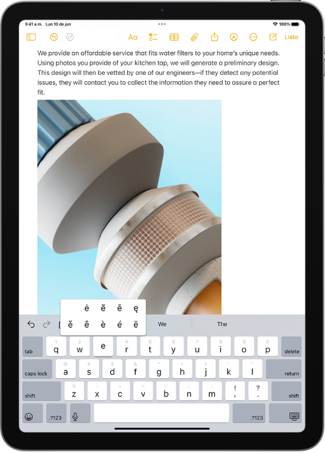 El teclado en pantalla muestra los caracteres con acentos alternativos que se muestran cuando se mantiene presionada la tecla E.