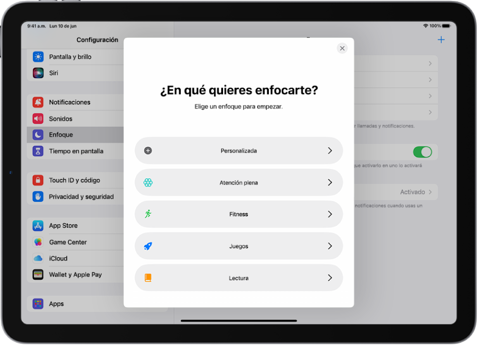 Pantalla de configuración con las opciones de enfoque adicionales que se proporcionan, incluyendo Personalizado, Entrenamiento, Juegos, Atención plena y Lectura.