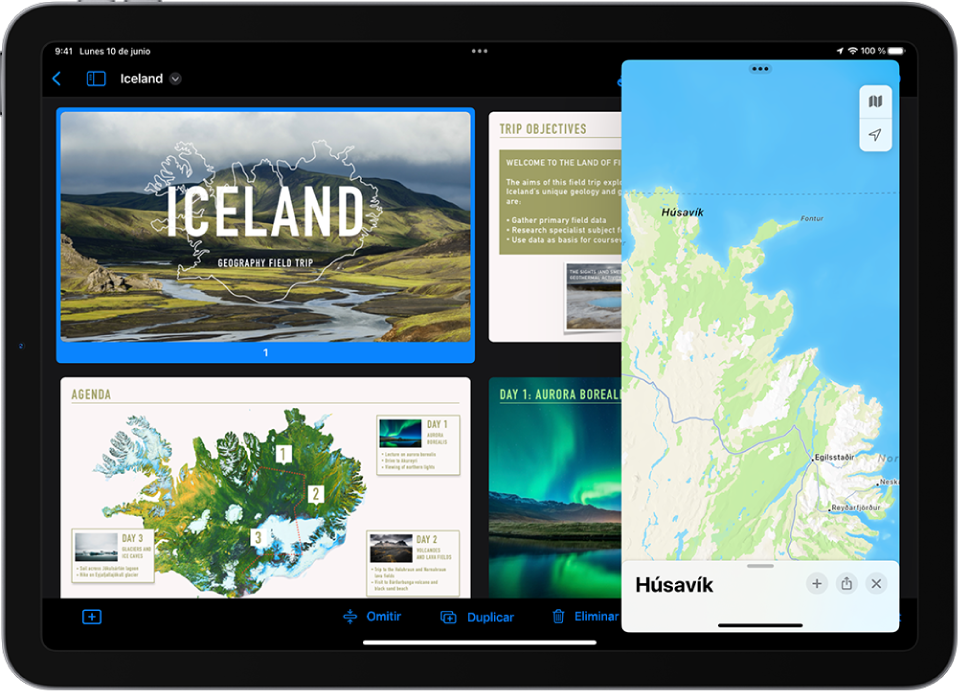 La app Keynote ocupa toda la pantalla. La app Mapas está abierta en una ventana de Slide Over en el lado derecho de la pantalla.