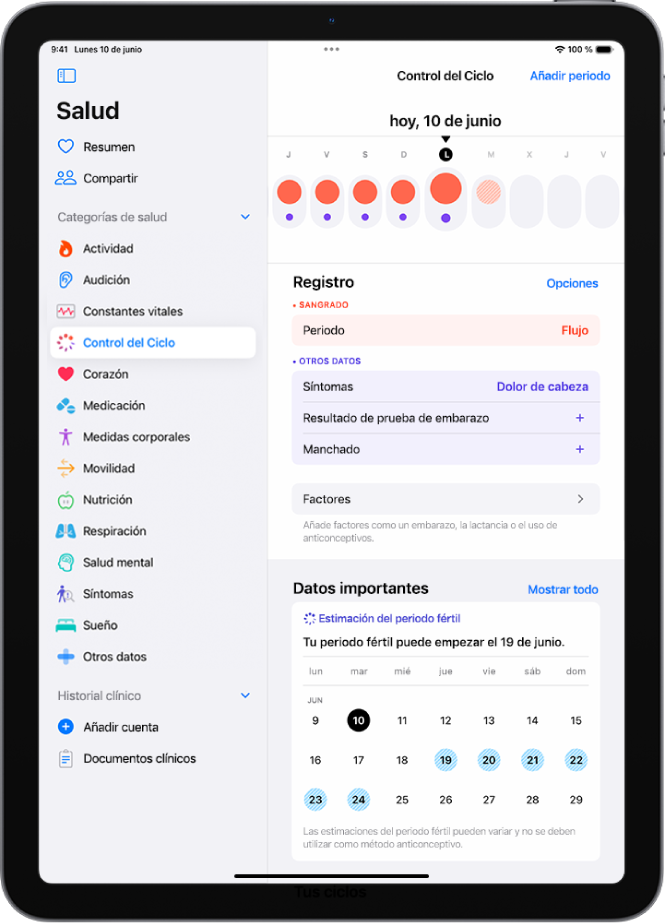 Pantalla “Control del ciclo” con la línea de tiempo de una semana en la parte superior de la pantalla. Los círculos rojos opacos y los puntos morados marcan los primeros 5 días en la línea de tiempo. Debajo de la línea de tiempo hay opciones para añadir información sobre periodos, síntomas y más.