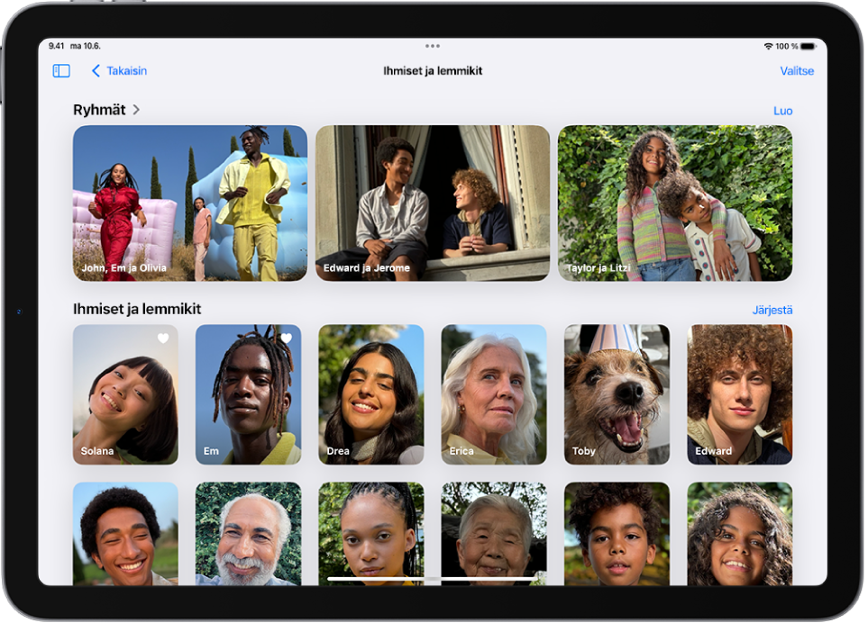 Kuvat-apin Ihmiset ja lemmikit ‑kokoelma. Näytön yläreunassa näkyvät ryhmät ja sitten yksittäiset ihmiset ja lemmikit.