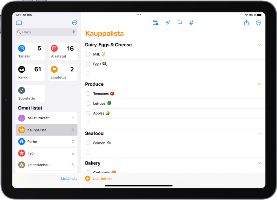 Muistutukset-apissa näkyy kauppalista, jonka kohteet on järjestetty kategorioittain, kuten Tuoretuotteet ja Meren antimet.