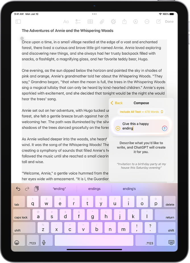 iPad, jossa näkyy Muistiinpanot-apissa kirjoitettavana oleva teksti. Näytön oikeassa reunassa on Kirjoita Kirjoitustyökaluilla -ikkuna, jossa näkyvät vaihtoehdot muun muassa muutoksen kuvailua ja ChatGPT-ehdotusten valintaa varten.