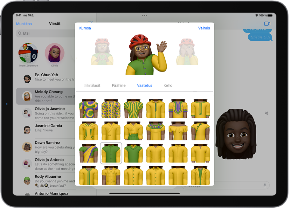 Memoji-näyttö, jossa näkyy keskellä luotava hahmo, sen alapuolella muokattavat ominaisuudet ja niiden alla valitun ominaisuuden vaihtoehdot. Valmis-painike on yläoikealla ja Kumoa-painike ylävasemmalla.