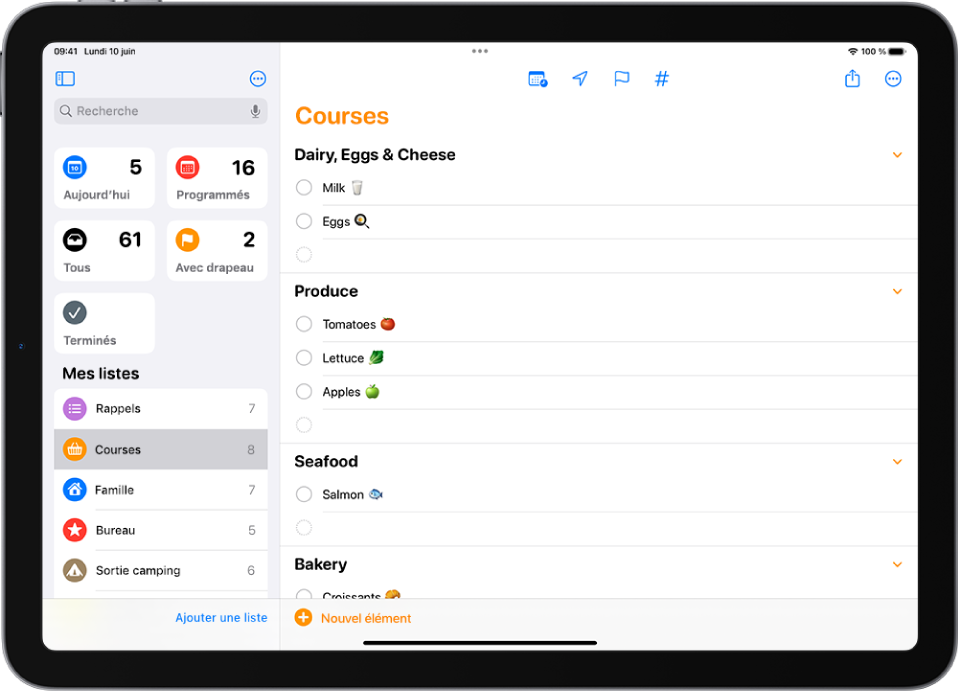 L’app Rappels, avec une liste de courses comprenant des articles placés dans des catégories telles que « Fruits et légumes » et « Fruits de mer ».