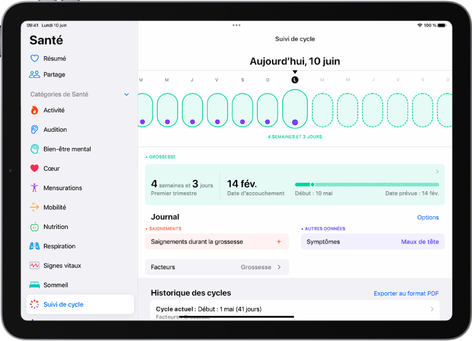L’écran « Suivi de cycle » avec une chronologie d’une semaine de la grossesse en haut de l’écran. Des ovales vert clair et des points violets marquent les sept premiers jours sur la chronologie. Des ovales vert clair en pointillé marquent les autres jours de la chronologie. Sous la chronologie se trouve le résumé de la grossesse comprenant l’âge gestationnel, la date de début de grossesse et la date prévue de l’accouchement. Sous le résumé de la grossesse se trouvent des options pour ajouter des informations sur les saignements pendant la grossesse, les symptômes, et plus encore.
