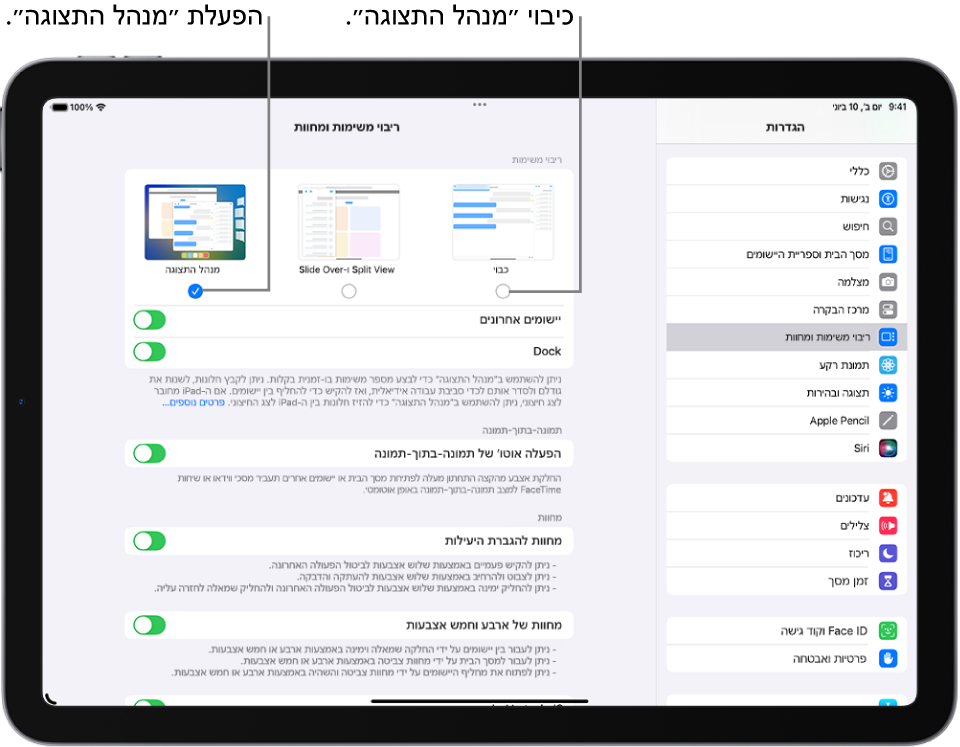 המסך ״הגדרות״ להפעלה ולכיבוי של ״מנהל התצוגה״.