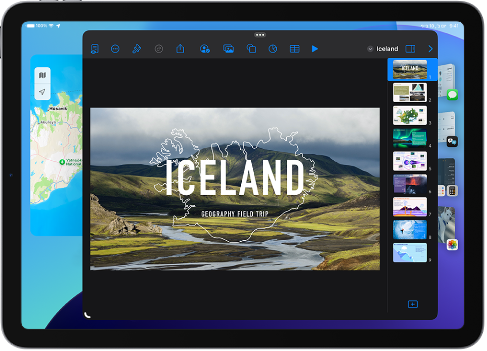 צג של iPad שמופעל בו ״מנהל התצוגה״. החלון הנוכחי נמצאים במרכז המסך ויישומים אחרים שהופעלו בזמן האחרון מופיעים בצד הימני של המסך.