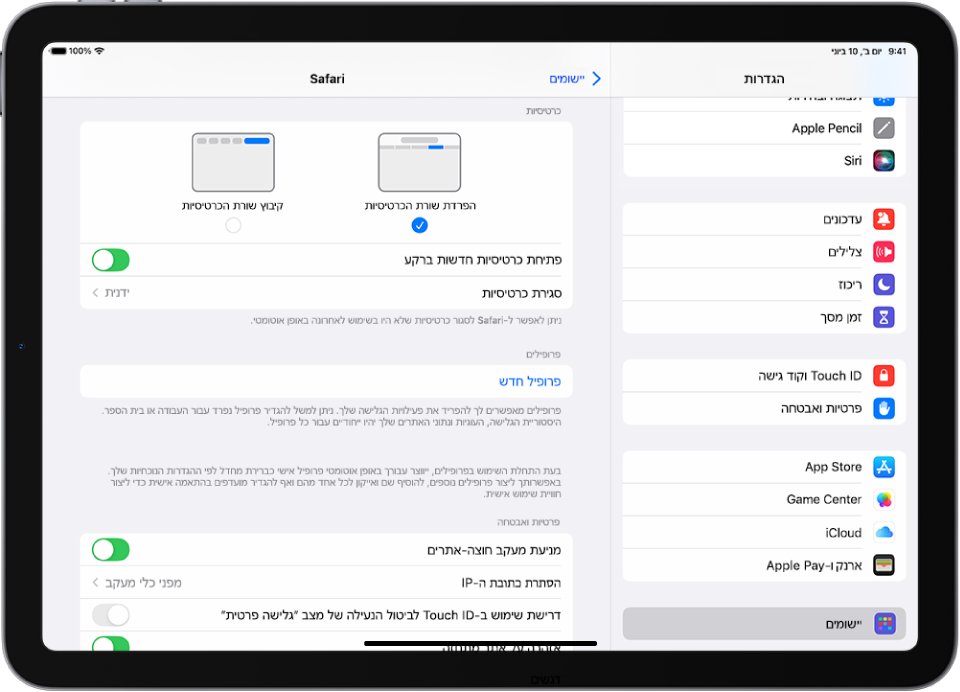 החלון של היישום ״הגדרות״, עם יישומים (בצד ימין) שנבחרו בסרגל הצד, וחלונית של Safari (בצד שמאל) שבחלק העליון שלה מוצגות אפשרויות לשימוש בכרטיסיות.
