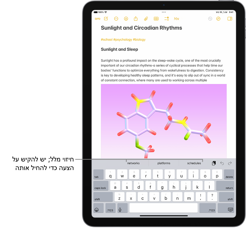 המקלדת שעל המסך פתוחה ביישום ״פתקים״. המלל מוזן בשדה המלל ומעל המקלדת מופיעות הצעות של חיזוי מלל עבור המילה הבאה.