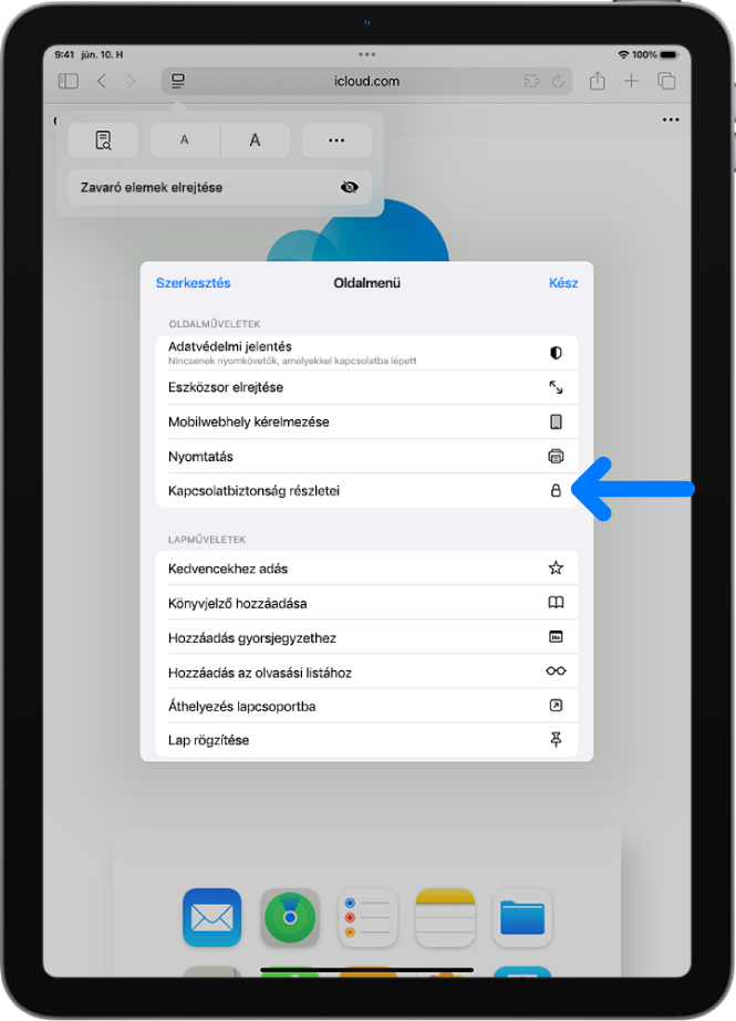Az Oldalbeállítások menü van megnyitva a Safariban, ahol a Kapcsolatbiztonság részletei vezérlő az oldal közepén található.