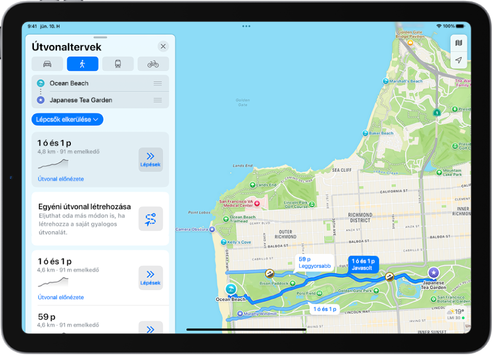 Egy térkép két gyalogos útvonallal, amelyek közül mindkettőnél egy Lépések gomb látható.