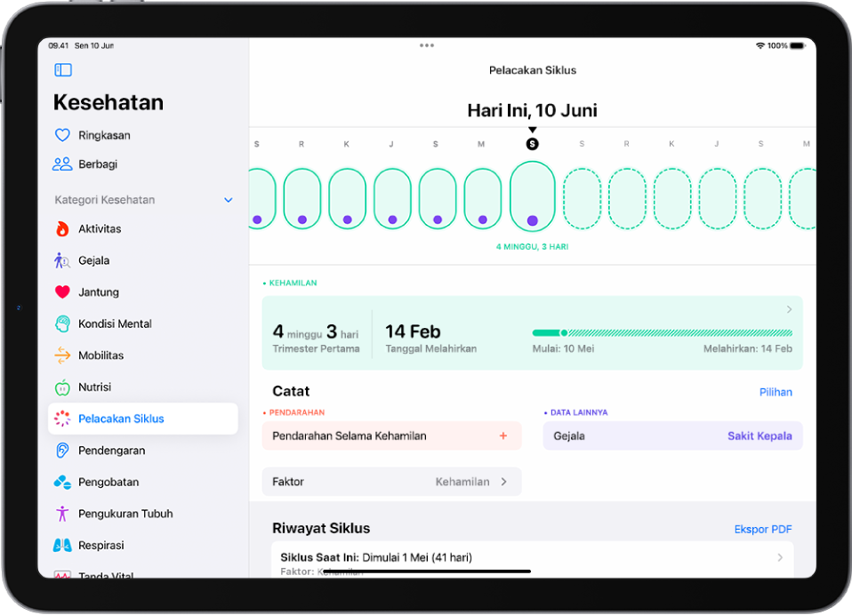 Layar Pelacakan Siklus dengan garis waktu kehamilan untuk seminggu di bagian atas layar. Oval hijau muda dan titik ungu menandakan 7 hari pertama di garis waktu. Oval hijau muda putus-putus menandakan hari lainnya di garis waktu. Di bawah garis waktu terdapat ringkasan kehamilan yang menampilkan umur kehamilan, tanggal mulai, dan estimasi tanggal melahirkan. Di bawah ringkasan kehamilan waktu terdapat pilihan untuk menambahkan informasi mengenai pendarahan selama kehamilan, gejala, dan lainnya.