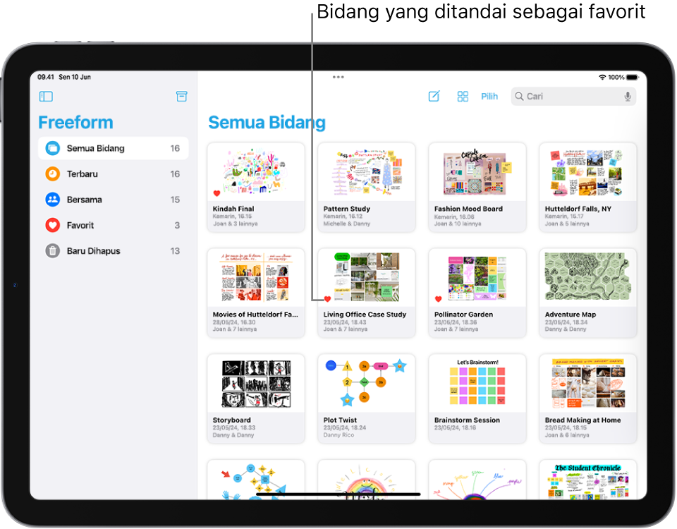 Freeform terbuka di iPad. Semua Bidang dipilih di bar samping, dan gambar mini bidang muncul di sebelah kanan.