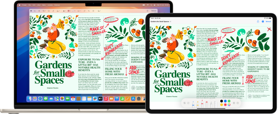 MacBook Air dan iPad diletakkan berdampingan. Kedua layar menampilkan artikel yang penuh dengan coretan editan berwarna merah, seperti kalimat yang dicoret, tanda panah, dan kata-kata yang ditambahkan. iPad juga memiliki alat Markah di bagian bawah layar.