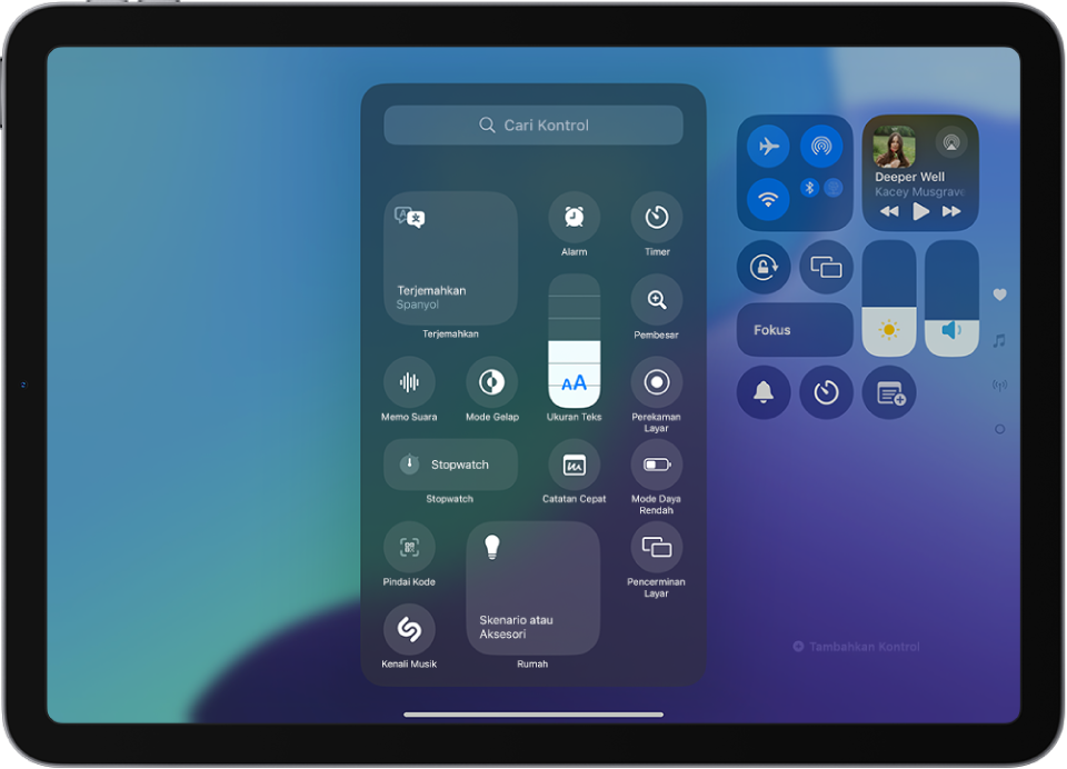 Layar yang menampilkan kontrol yang dapat Anda tambahkan ke Pusat Kontrol, seperti Ukuran Teks, Mode Gelap, dan Catatan Cepat.